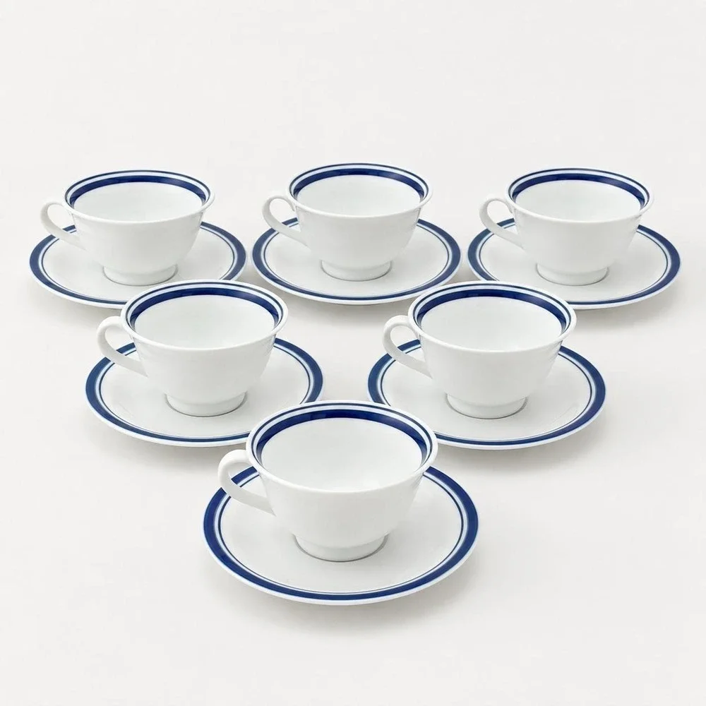Pottery Barn Club Blue Cup & Saucer Set of 7 Cobalt Rim Japan Vintage Cottage